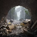 Urban Architecture View Through Old Brick Archway With Rubble Street And Background Tall Buildings