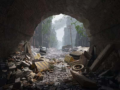 Urban Architecture View Through Old Brick Archway With Rubble Street And Background Tall Buildings 3d model