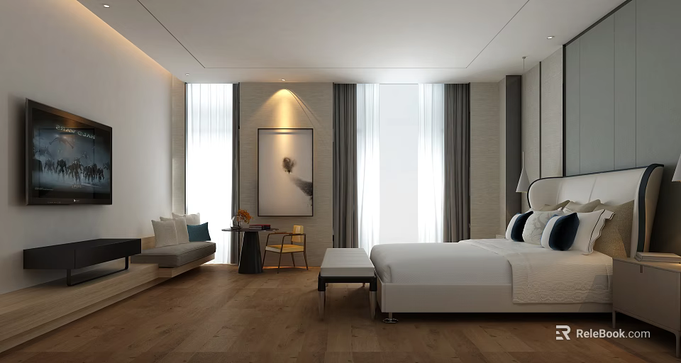 Modern Hotel Guest Room With King Bed Large Windows Decorative Painting And Wooden Flooring 3d model 