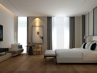 Modern Hotel Guest Room With King Bed Large Windows Decorative Painting And Wooden Flooring 3d model