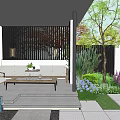 Courtyard Garden Featuring Blue Pool Stone Patio Pergola Outdoor Seating Flower Beds And Colorful Trees