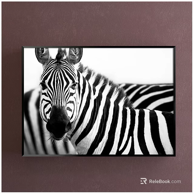 Black and White Zebra Animal Painting Framed Artwork on Brown Wall Decor 3d model 