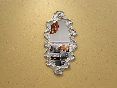 Silver Wavy Framed Mirror on Yellow Wall Reflecting Interior With Sofa And Copper Pendant Light 3d model
