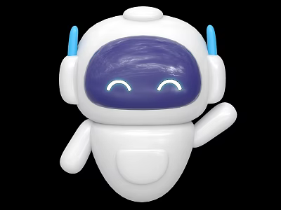 Smart Robot With White Body Blue Ears Purple Face Screen Smiling Eyes And Waving Hand 3d model