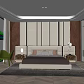 Modern Bedroom Interior With Large Upholstered Bed Green Accent Chair Nightstands And Patterned Carpet