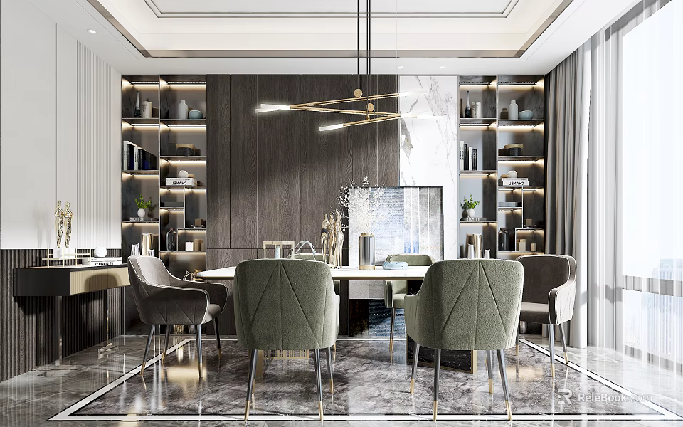 Elegant Modern Dining Room With Wooden Wall Shelves Golden Pendant Light And Velvet Chairs 3d model 