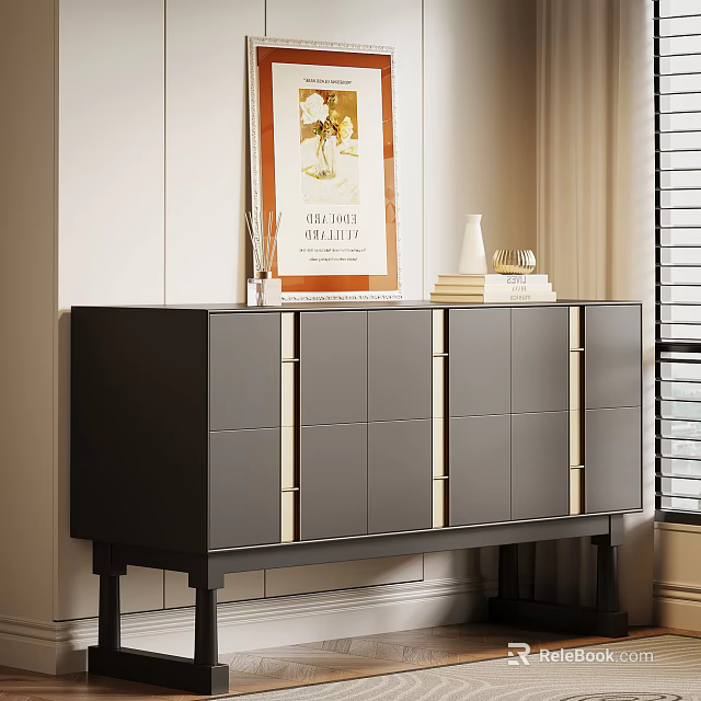Modern Black Entryway Cabinet Sideboard With Artwork Books And Diffuser Near Window 3d model
