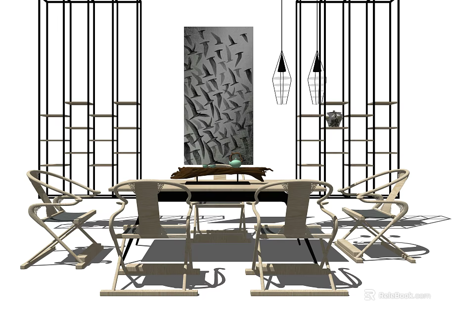 Modern Tea Table and Chairs Set With Decorative Screen And Pendant Lights 3d model