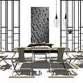 Modern Tea Table and Chairs Set With Decorative Screen And Pendant Lights 3d model