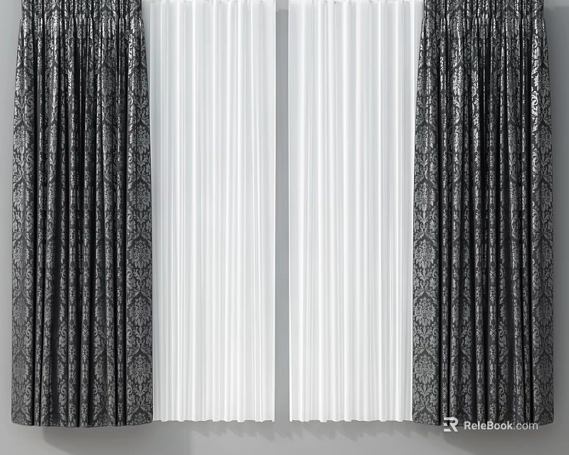 Elegant Black And White Curtains With Intricate Patterns And Sheer Layers 3d model 