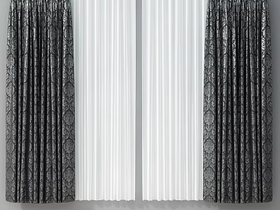 Elegant Black And White Curtains With Intricate Patterns And Sheer Layers 3d model
