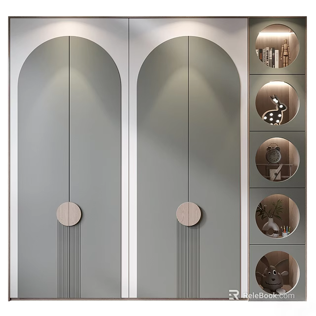 Modern Arched Double Door Cabinet With Circular Handles And Circular Shelves Holding Books Plants Ornaments 3d model 