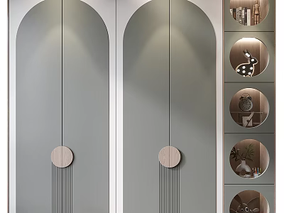 Modern Arched Double Door Cabinet With Circular Handles And Circular Shelves Holding Books Plants Ornaments 3d model