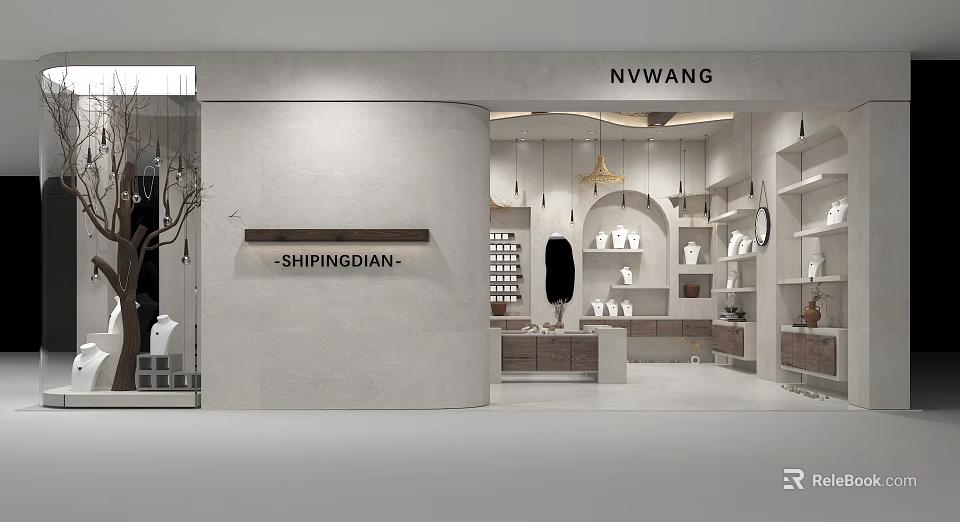 Modern Specialty Store Interior With Shelves Display Items Arched Design And Pendant Lights 3d model 