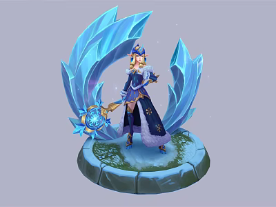 Magical Character In Blue Gold Clothing Standing With Ice Elemental Creature Blue Crystal Structure Holding Staff 3d model