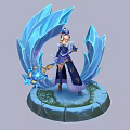 Magical Character In Blue Gold Clothing Standing With Ice Elemental Creature Blue Crystal Structure Holding Staff