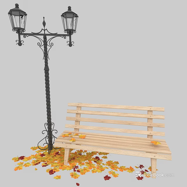 Wooden Park Bench Beside Decorative Iron Street Lamp With Scattered Autumn Leaves 3d model 