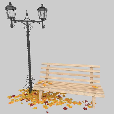 Wooden Park Bench Beside Decorative Iron Street Lamp With Scattered Autumn Leaves 3d model
