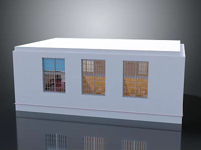 Cartoon Scene Featuring White Building With Three Gridded Windows And Interior Scenes 3d model
