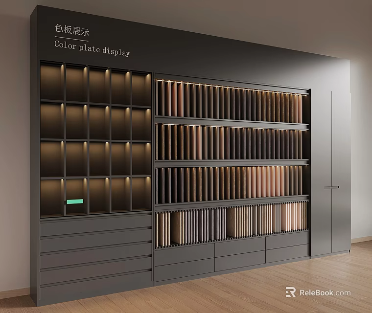 Modern Color Plate Display Cabinet With Organized Color Samples And Storage Drawers 3d model 