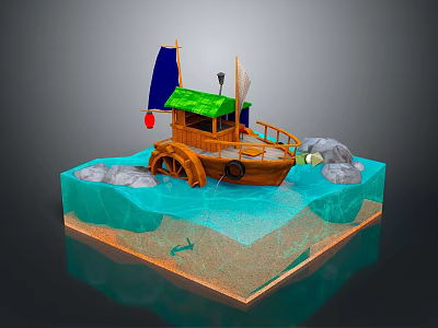 3D Model Wooden Boat With Green Roof Blue White Sails Rocks Water Sand And Fish 3d model