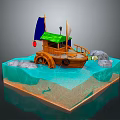 3D Model Wooden Boat With Green Roof Blue White Sails Rocks Water Sand And Fish