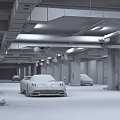 Modern Parking Garage With Blue Sports Car Multiple Vehicles Yellow Pillars And Ceiling Lights