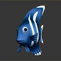 3D Model Of Cartoon Blue Aquatic Fish With White Stripes And Big Eyes