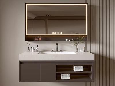 Modern Bathroom Cabinet With Backlit Mirror Marble Countertop Sink And Storage Shelves 3d model