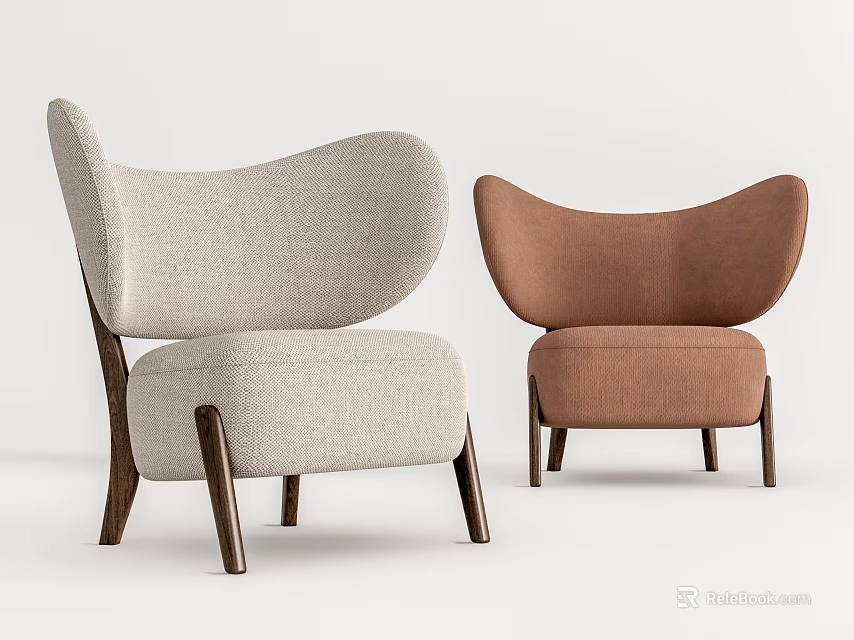 Elegant Single Sofa Design With Light Beige And Brown Fabric Upholstery Wooden Legs 3d model 