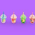 Colorful Iced Drinks with Fresh Fruit Slices in Transparent Cups with Straws and Lids