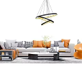 Modern Gray Orange L Shaped Sofa With Cushions And Irregular Coffee Table Set 3d model
