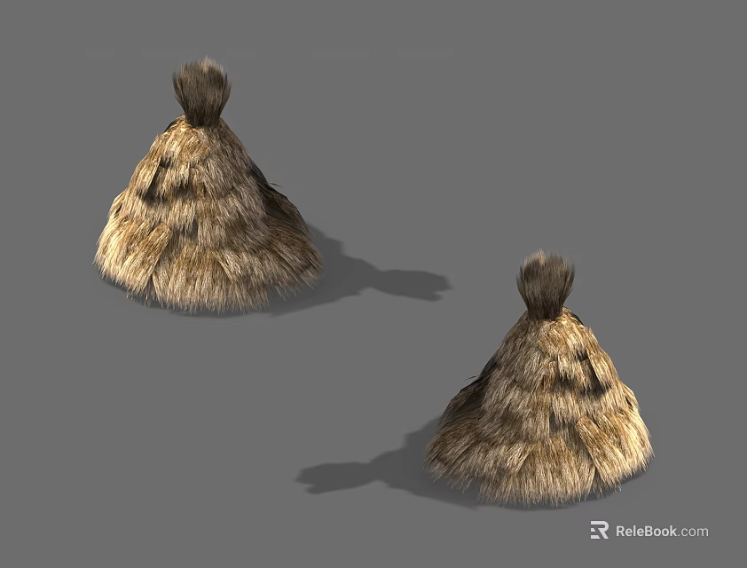 Two Furry Conical Decorative Pieces With Brown Yellow Fur And Top Knots 3d model 