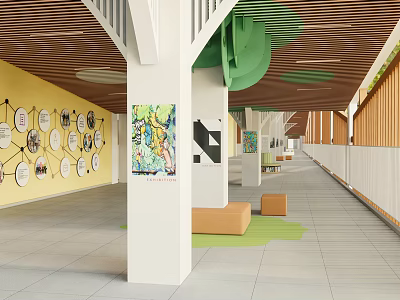 Elevator Corridor In Bright Space With Art Columns And Displays 3d model