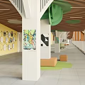 Elevator Corridor In Bright Space With Art Columns And Displays