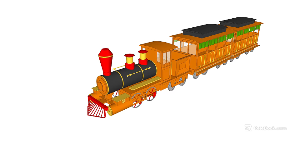 Vintage Steam Train with Red Chimney Black Boiler Yellow Carriages and Green Roof Details 3d model 