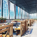 Restaurant Corridor With Glass Roof Green Plants Stone Decorations And Brick Flower Beds