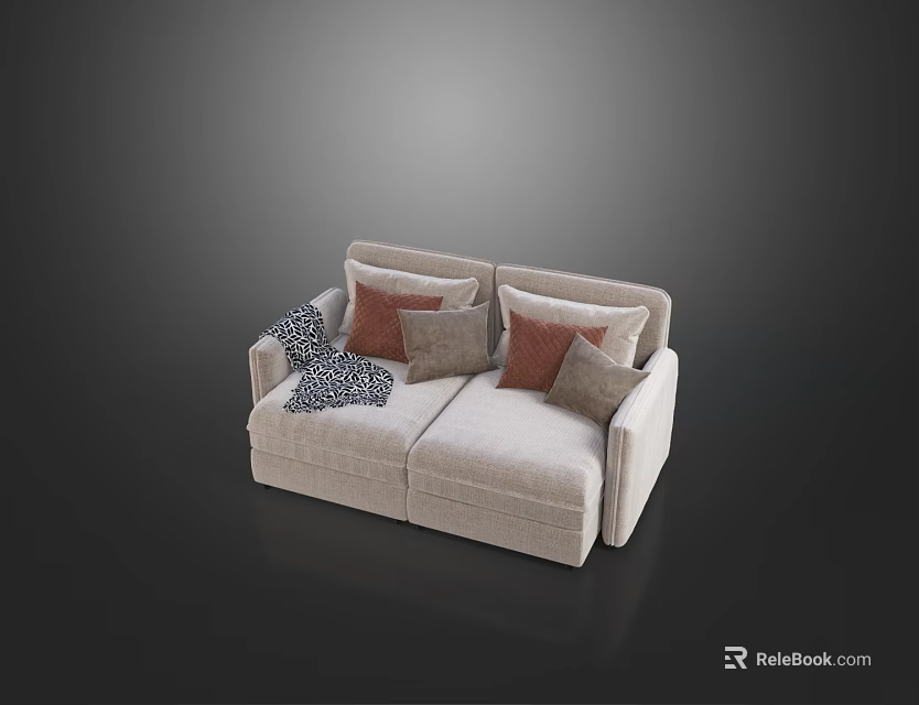 Modern Upholstered Double Sofa With Cozy Patterned And Solid Cushions For Living Room 3d model