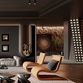 Modern Living Room Interior Design With Dark Wooden Ceiling Gray Sofa Rug And Decorative Paintings