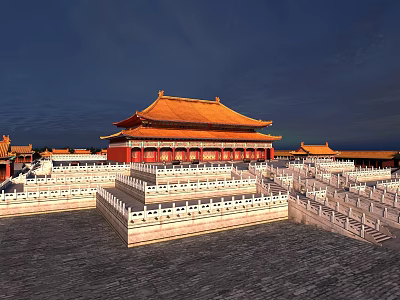Ancient Chinese Architecture Red Palace Building With Orange Yellow Roof White Balustrades And Stone Courtyard 3d model
