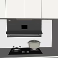 Modern Sleek Kitchen Appliances With Black Range Hood Gas Stove White Pot Countertop And Cabinets