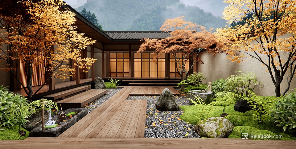 Karesansui Japanese Garden With Wooden Pathway Stones Fallen Leaves Moss And Traditional Architecture 3d model 