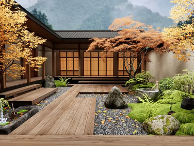 Karesansui Japanese Garden With Wooden Pathway Stones Fallen Leaves Moss And Traditional Architecture 3d model