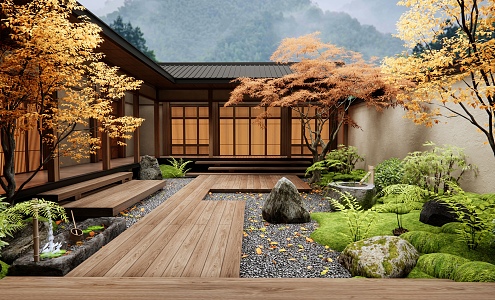 Japanese-style Zen courtyard landscape withered landscape plant combination moss micro-terrain red maple water bowl stone 3d model