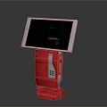 Red Interactive Device With Screen Displaying Grid Pattern And Stable Stand