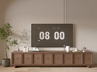 Modern Brown TV Stand with Multiple Drawers Green Plant and Decorative Items 3d model