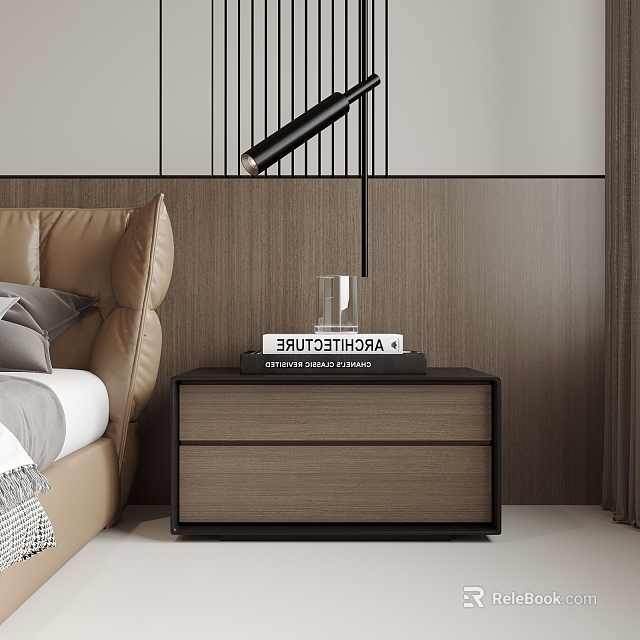 Modern Wooden Nightstand with Two Drawers Black Lamp Transparent Base Architecture Books and Beige Headboard 3d model 