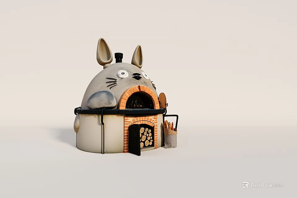 Totoro Shaped Stove with Ears Eyes and Brick Oven Door and Tool Holder 3d model 