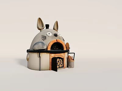 Totoro Shaped Stove with Ears Eyes and Brick Oven Door and Tool Holder 3d model