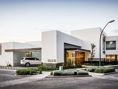 Modern Detached Villa With White Exterior Geometric Architecture And Landscaped Driveway 3d model